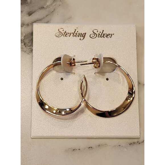 Gold-Tone Sterling Silver Twisted Hoop Earrings With Stud Back Closure - Picture 1 of 5